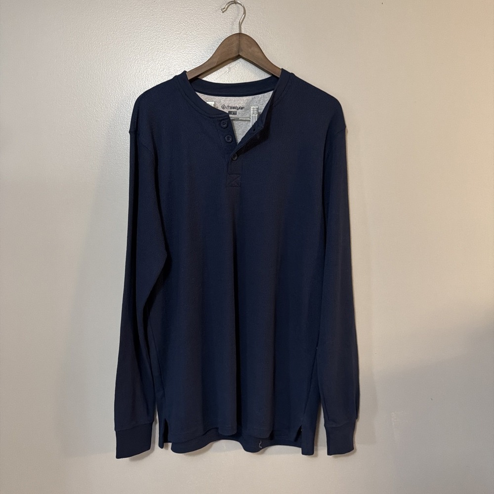 Blue Waffle Knit Henley Men's L Lounge Comfort Outdoor